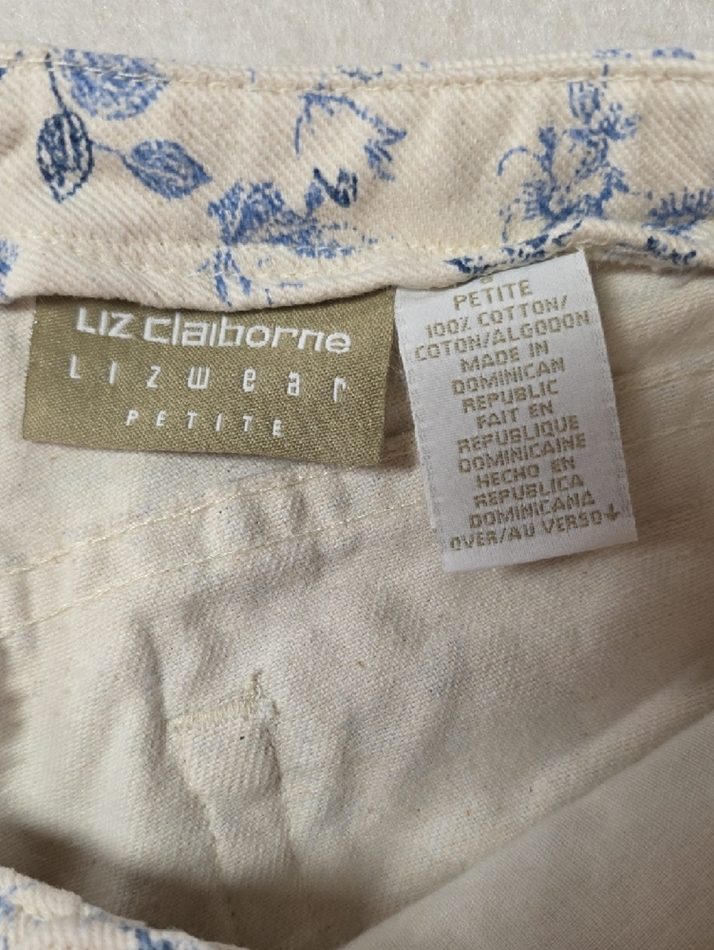 Lizwear Vintage Cream Blue Floral Toile Print Straight Leg Jeans 100% Cotton - Picture 5 of 11